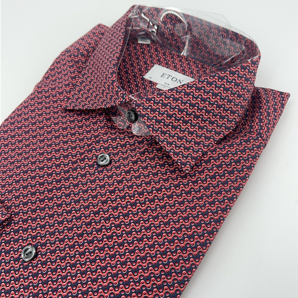 Eton Dress Shirt Mens Large 16.5 Red Blue‎ Poplin Slim Fit Geometric Print